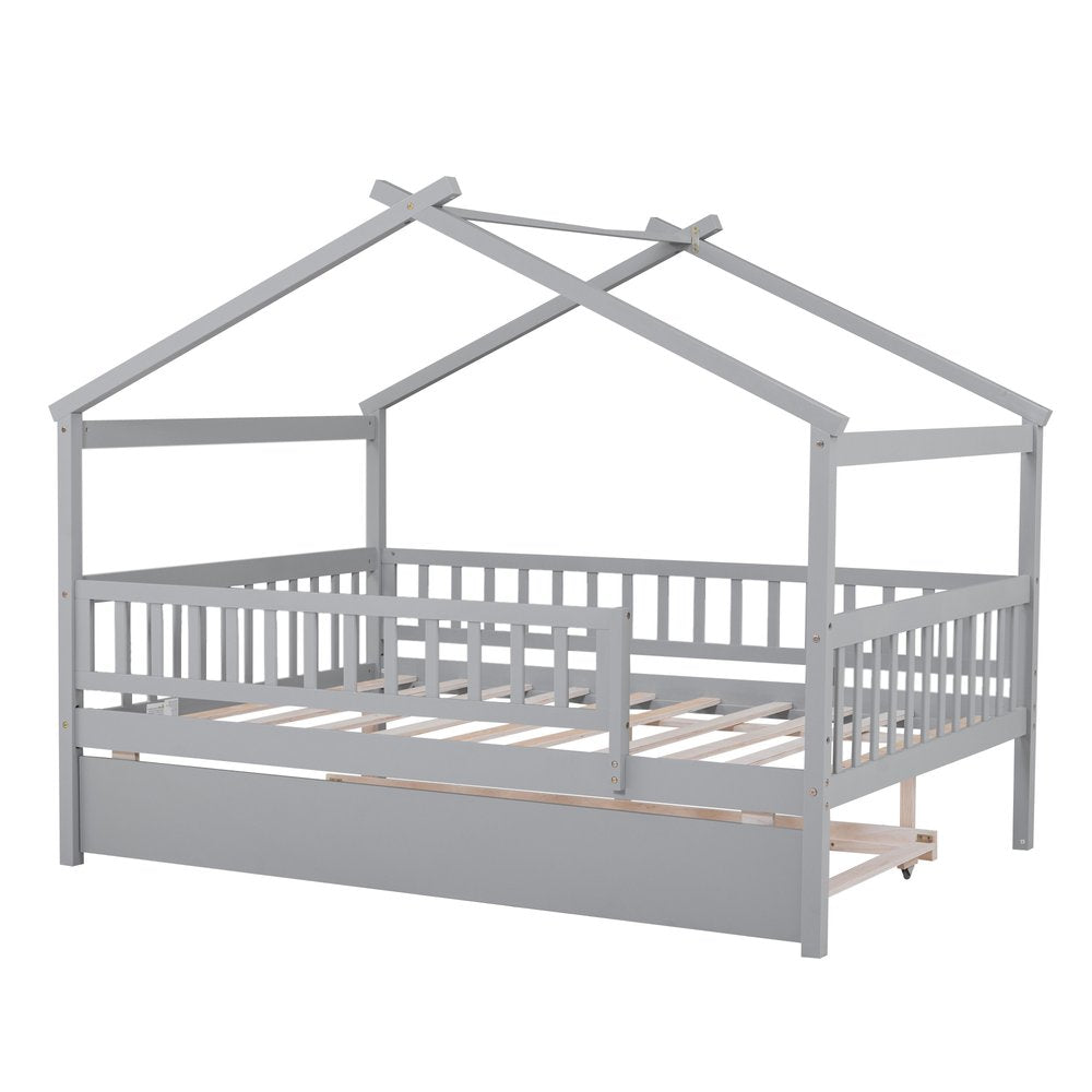 Gray Wood Full Canopy Bed Frame With Trundle