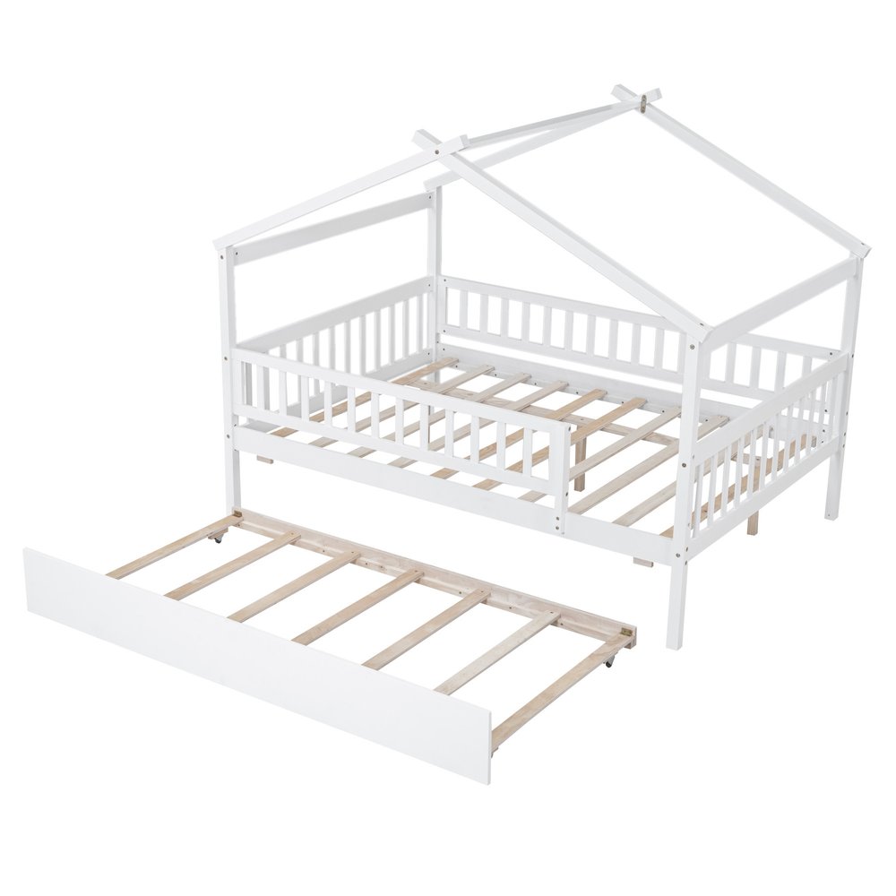 White Wood Full Canopy Bed Frame With Trundle