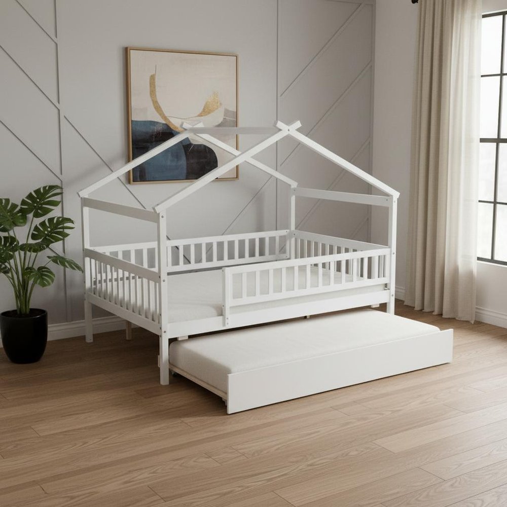 White Wood Full Canopy Bed Frame With Trundle