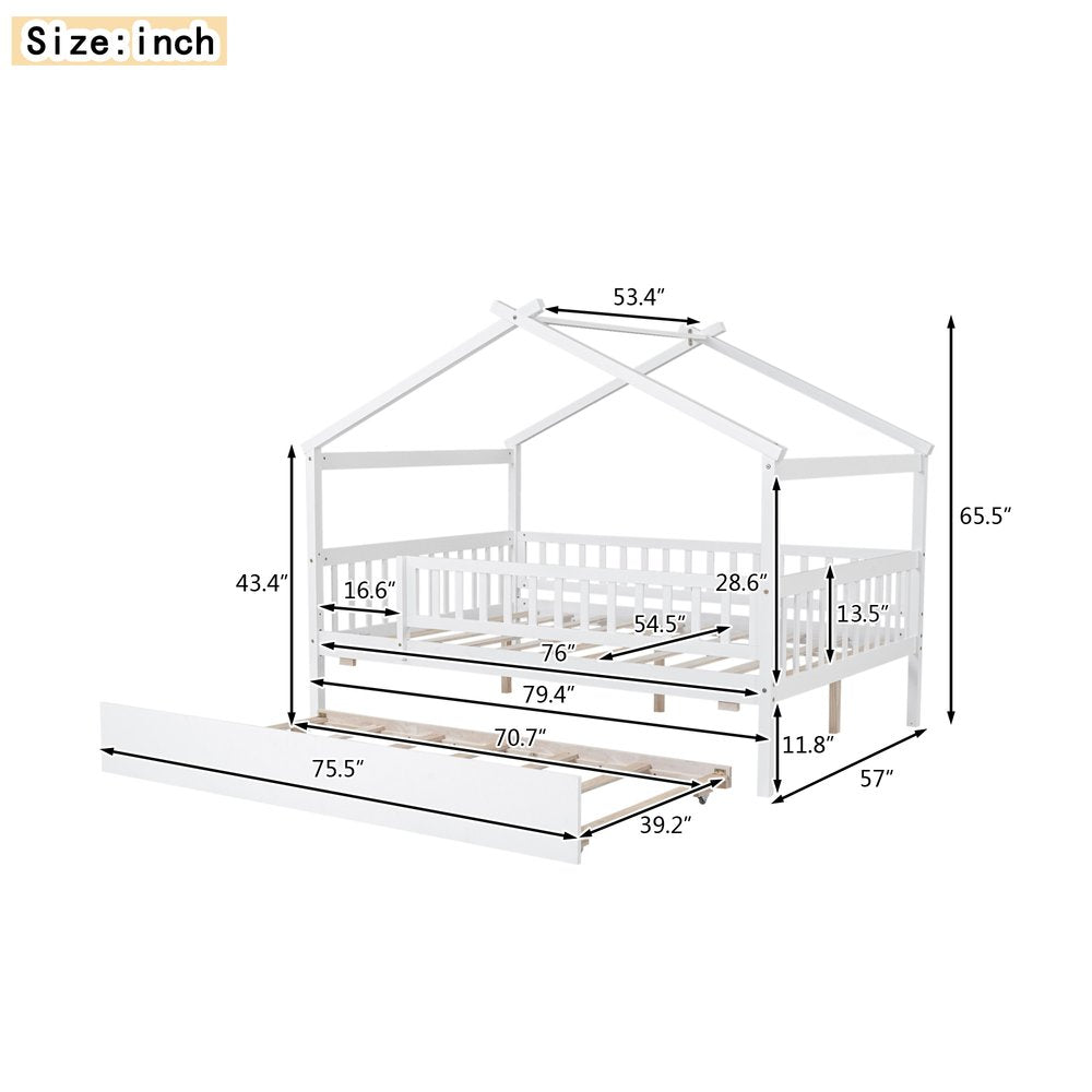 White Wood Full Canopy Bed Frame With Trundle