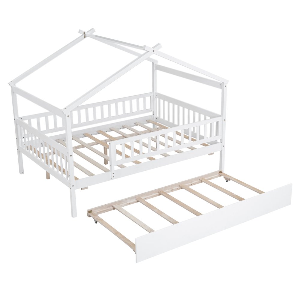 White Wood Full Canopy Bed Frame With Trundle
