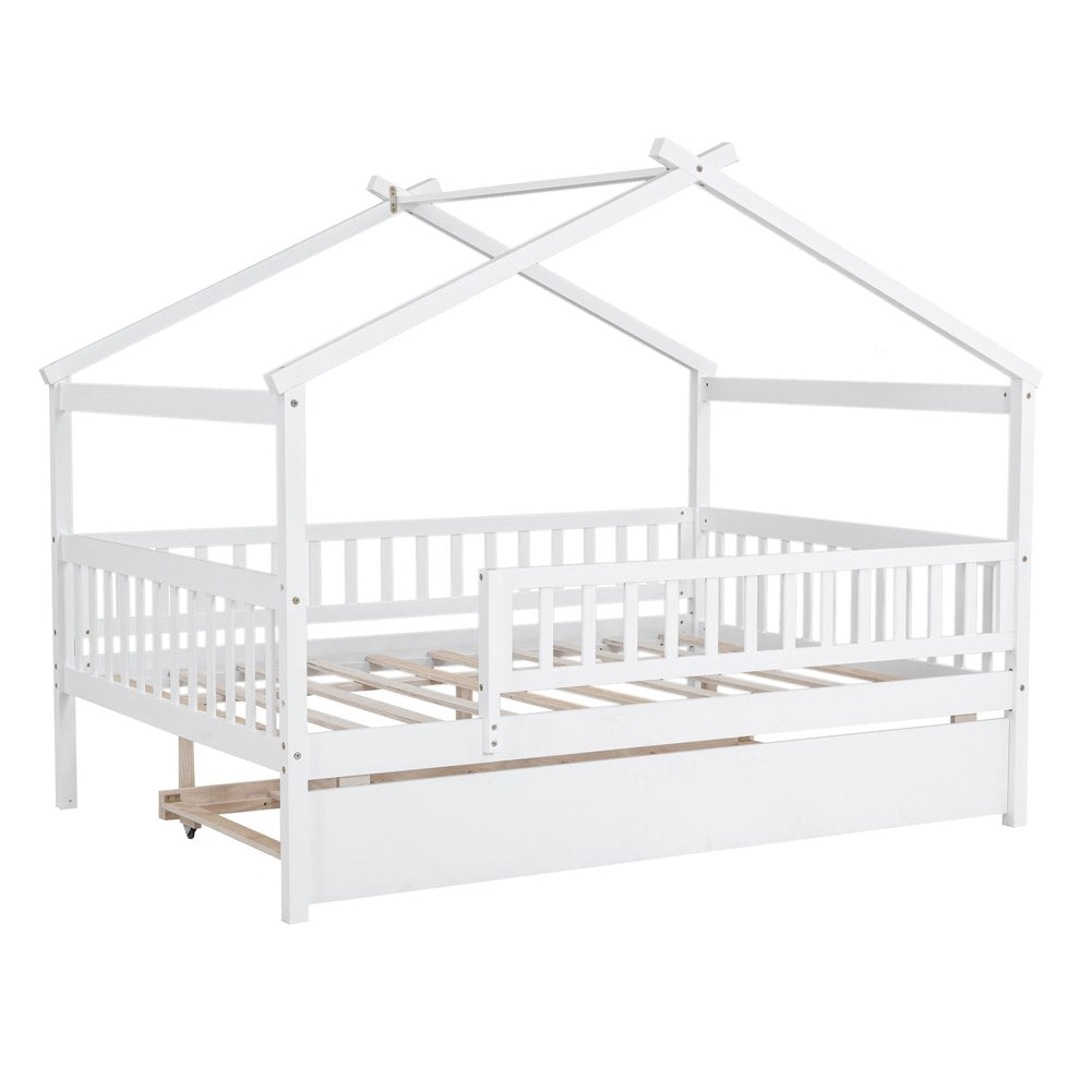 White Wood Full Canopy Bed Frame With Trundle