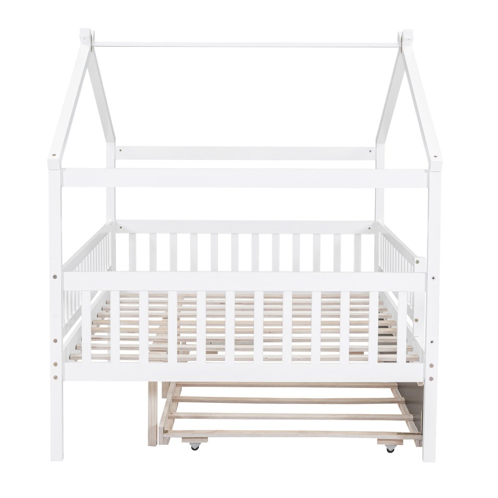 White Wood Full Canopy Bed Frame With Trundle