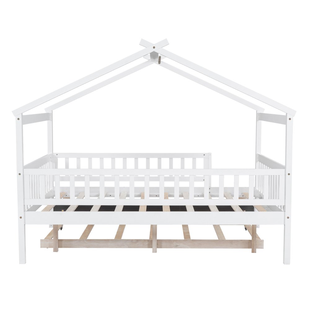 White Wood Full Canopy Bed Frame With Trundle