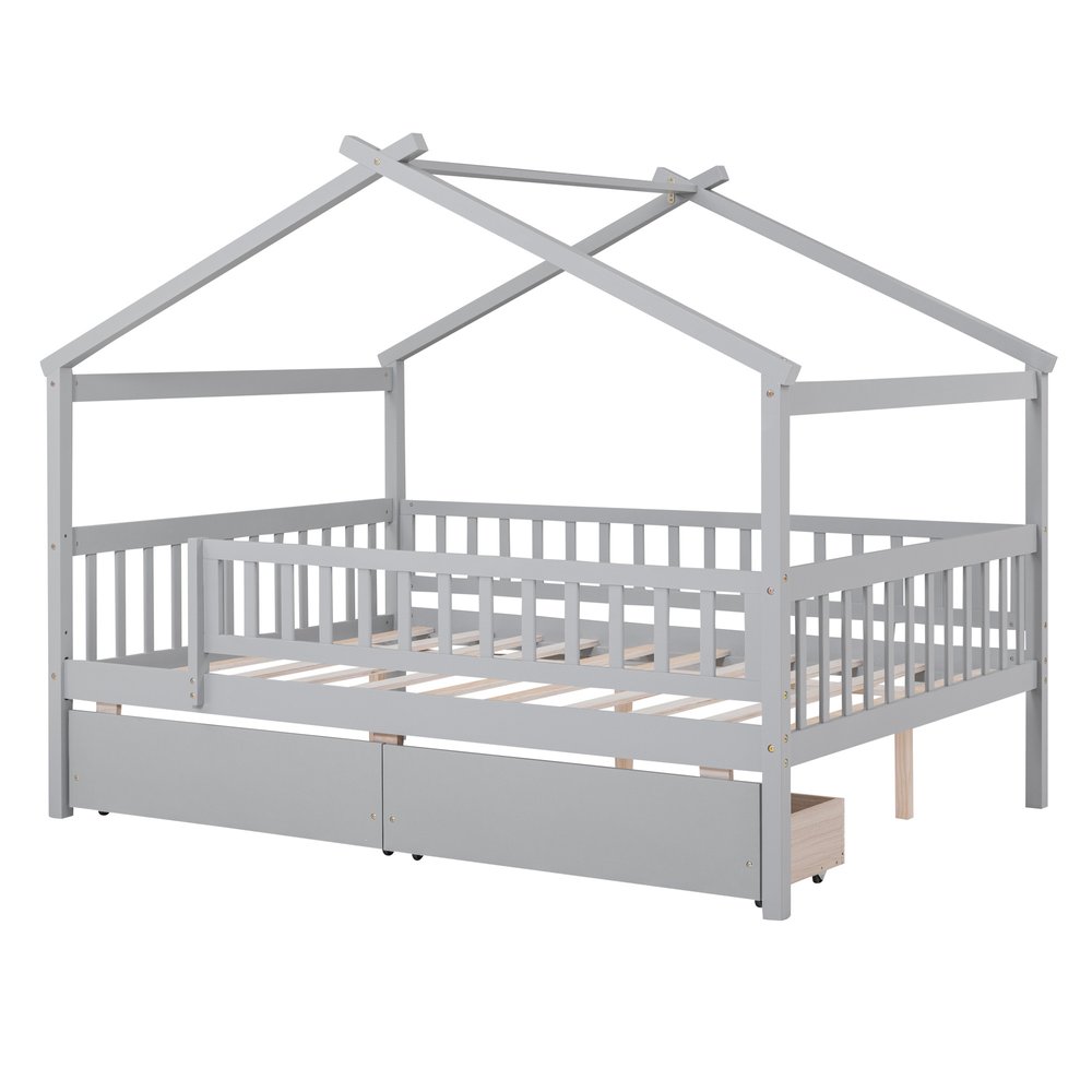 Gray Wood Full Canopy Bed Frame With Drawers