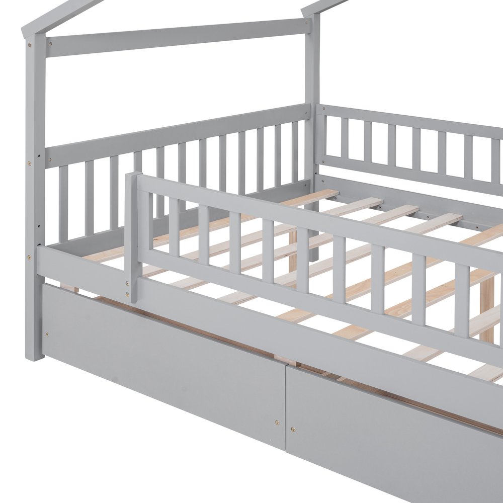 Gray Wood Full Canopy Bed Frame With Drawers