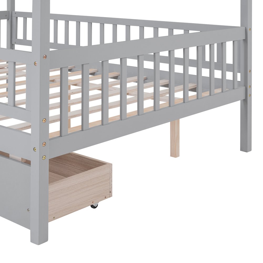 Gray Wood Full Canopy Bed Frame With Drawers