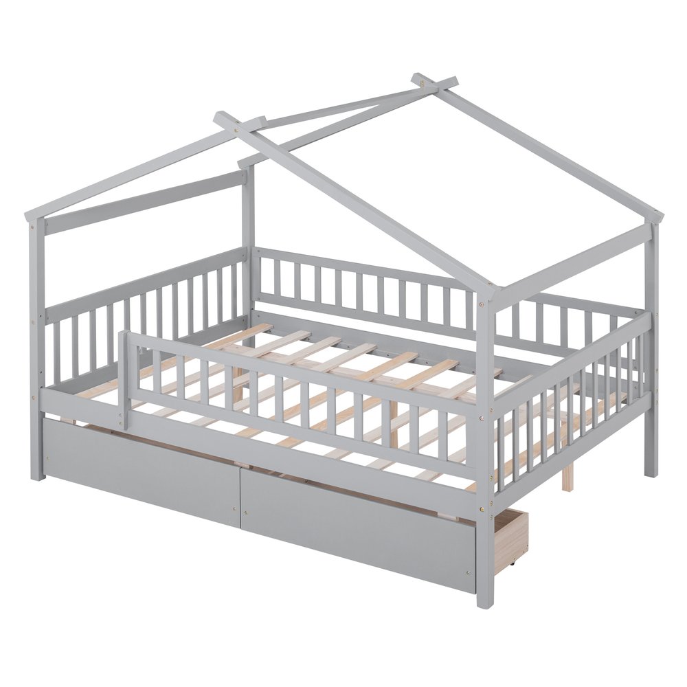 Gray Wood Full Canopy Bed Frame With Drawers