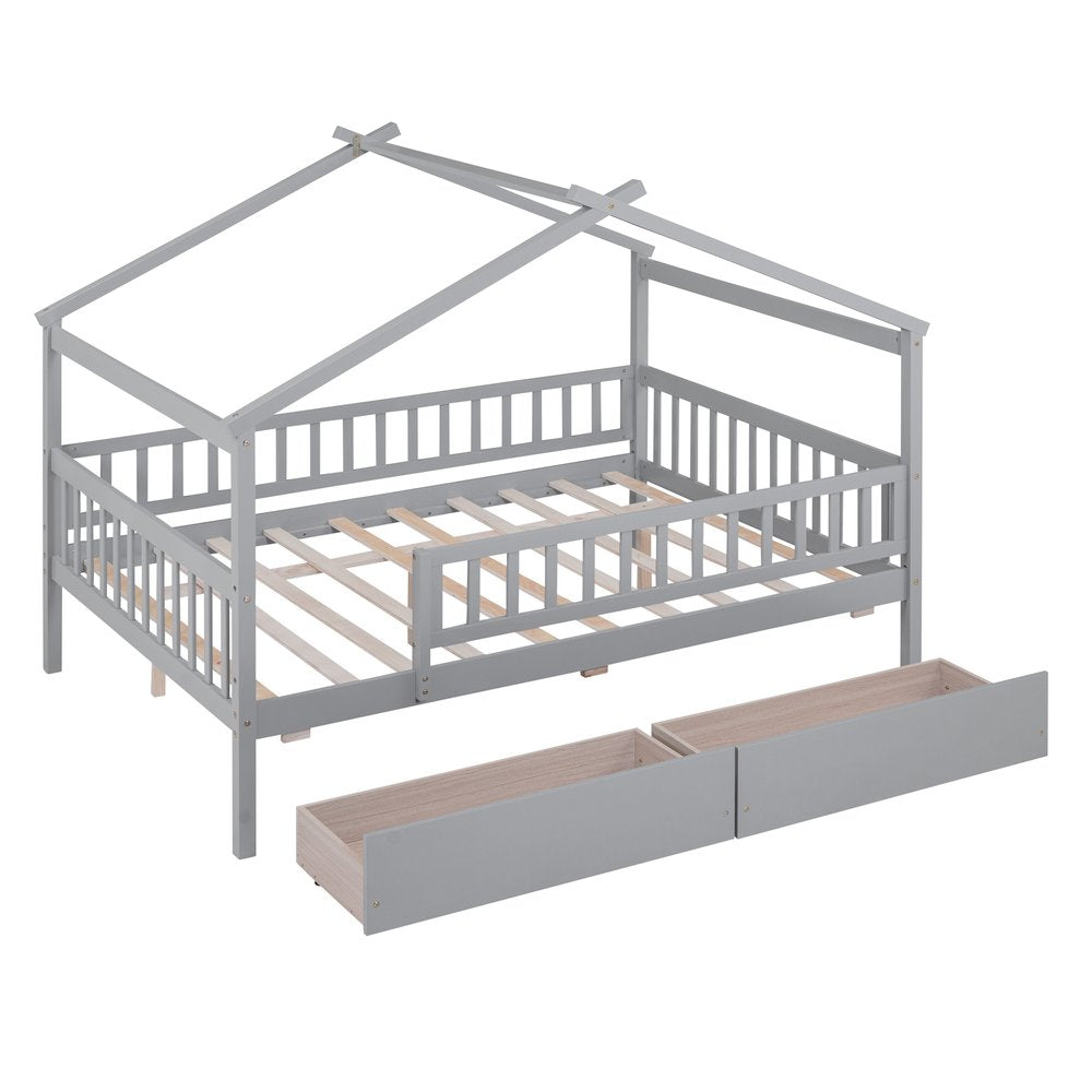 Gray Wood Full Canopy Bed Frame With Drawers
