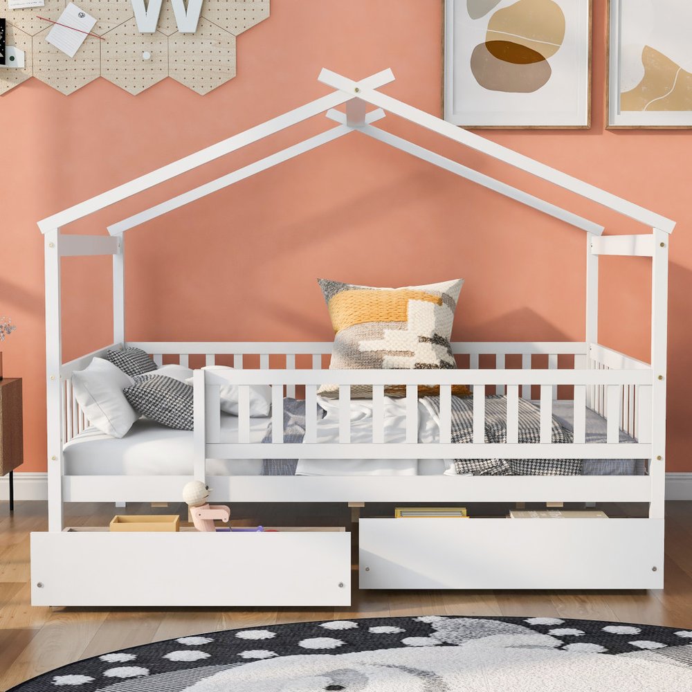White Wood Full Canopy Bed Frame With Drawers