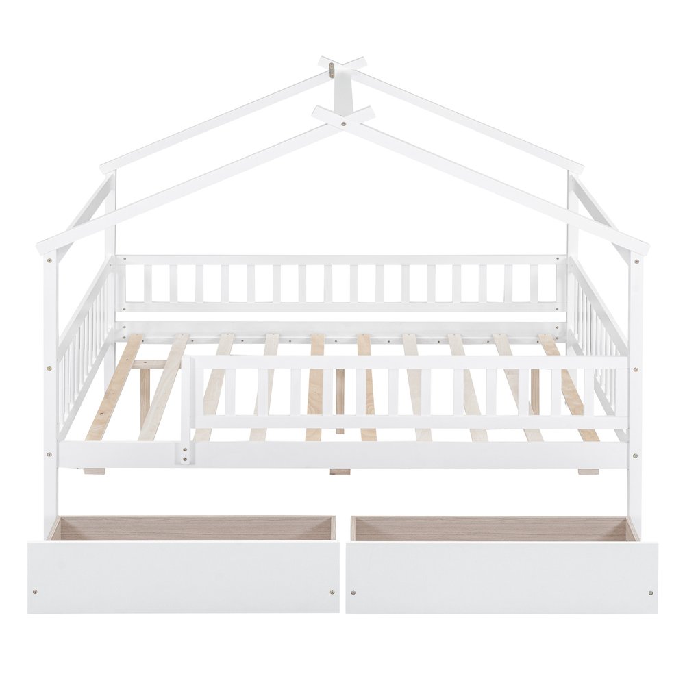 White Wood Full Canopy Bed Frame With Drawers