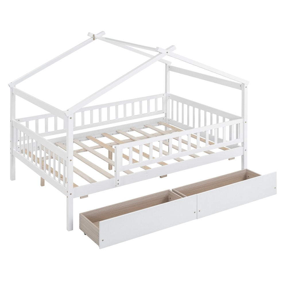 White Wood Full Canopy Bed Frame With Drawers