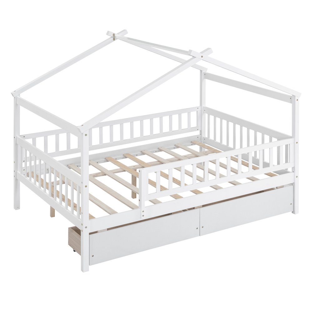 White Wood Full Canopy Bed Frame With Drawers