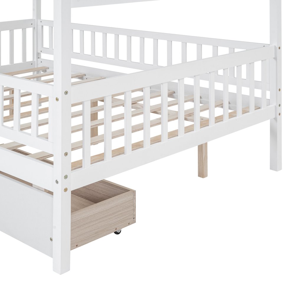 White Wood Full Canopy Bed Frame With Drawers