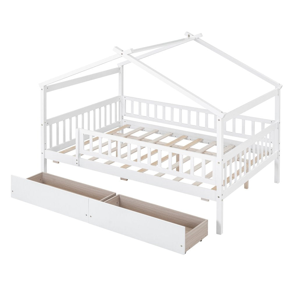 White Wood Full Canopy Bed Frame With Drawers