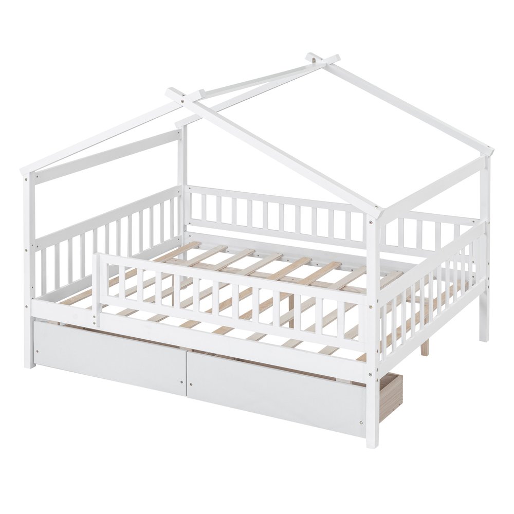 White Wood Full Canopy Bed Frame With Drawers
