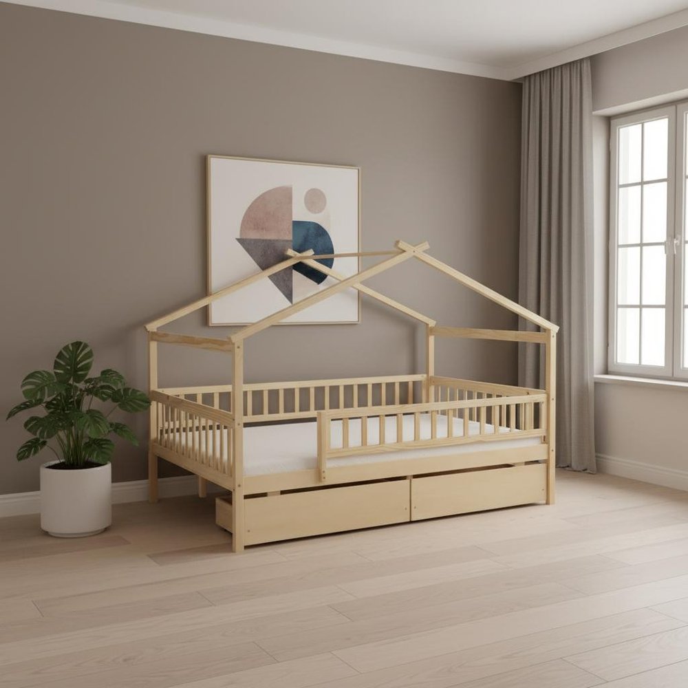 Natural Wood Full Canopy Bed Frame With Drawers