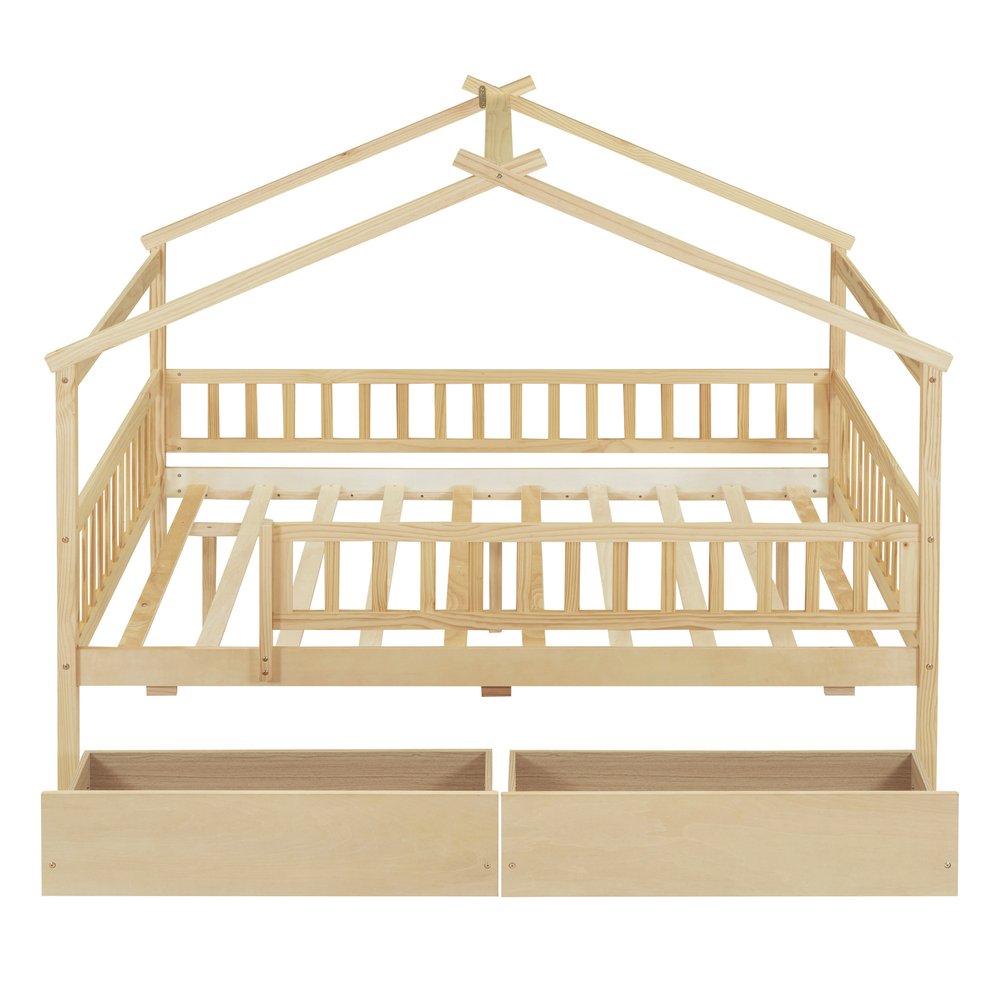 Natural Wood Full Canopy Bed Frame With Drawers