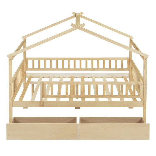 Natural Wood Full Canopy Bed Frame With Drawers
