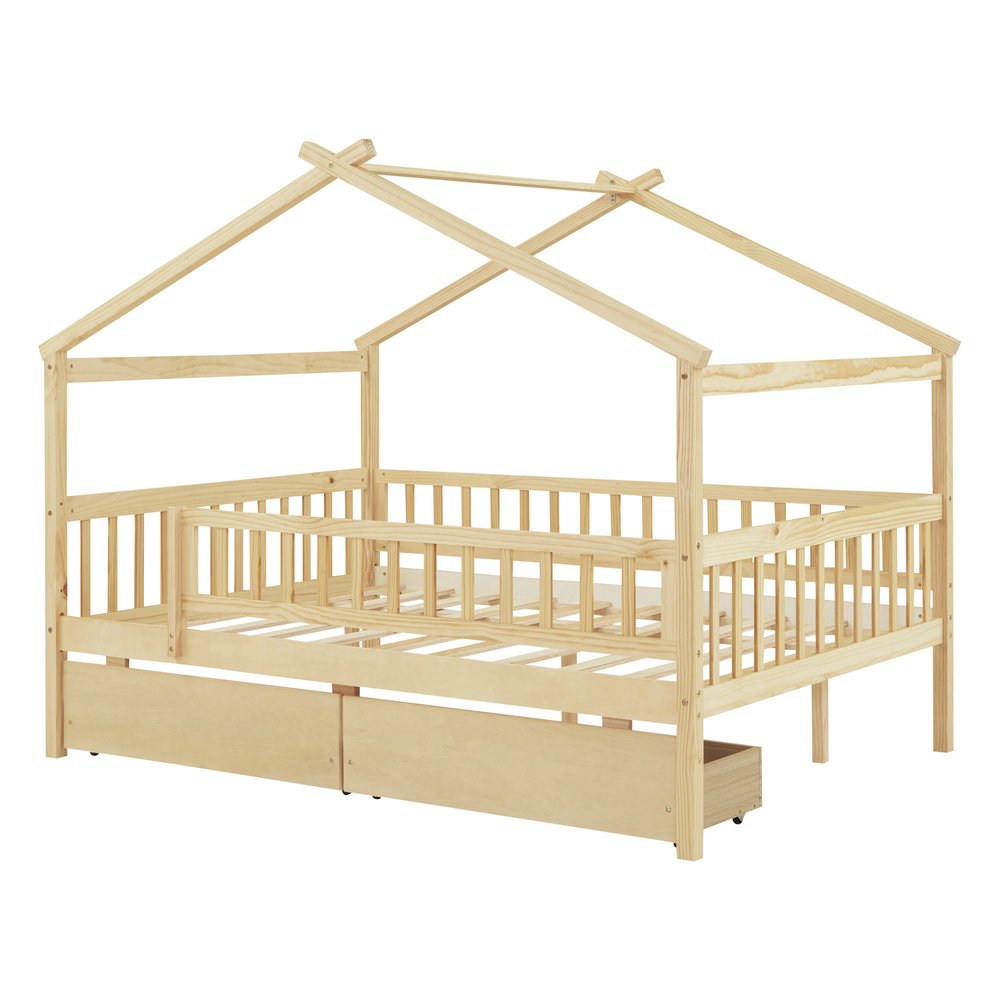 Natural Wood Full Canopy Bed Frame With Drawers
