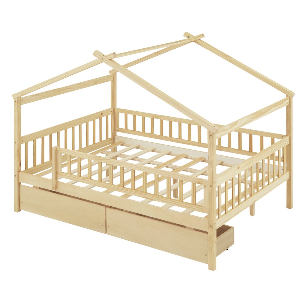 Natural Wood Full Canopy Bed Frame With Drawers