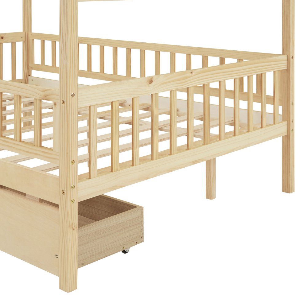 Natural Wood Full Canopy Bed Frame With Drawers