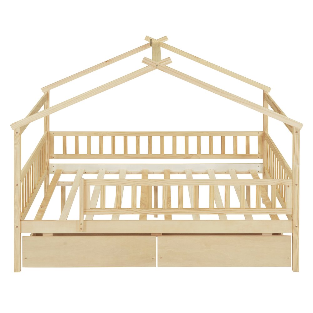 Natural Wood Full Canopy Bed Frame With Drawers