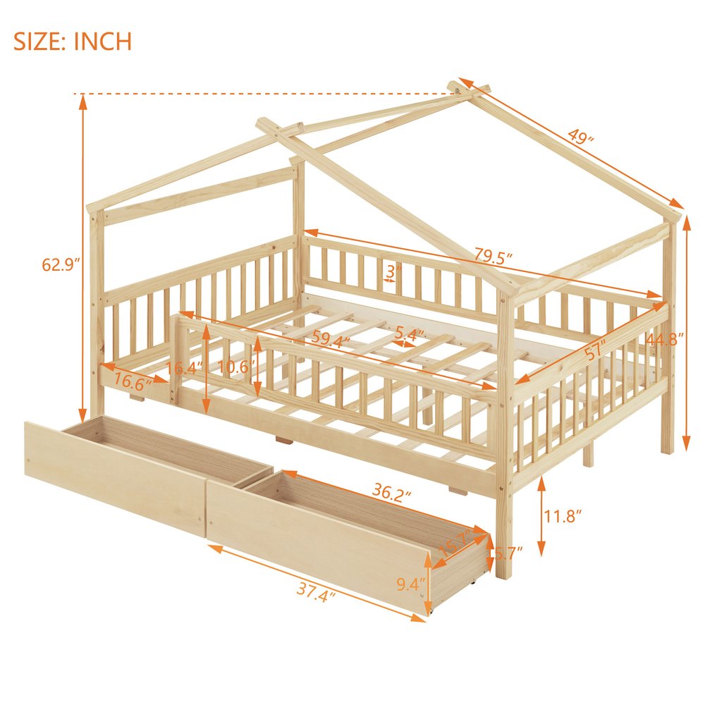 Natural Wood Full Canopy Bed Frame With Drawers