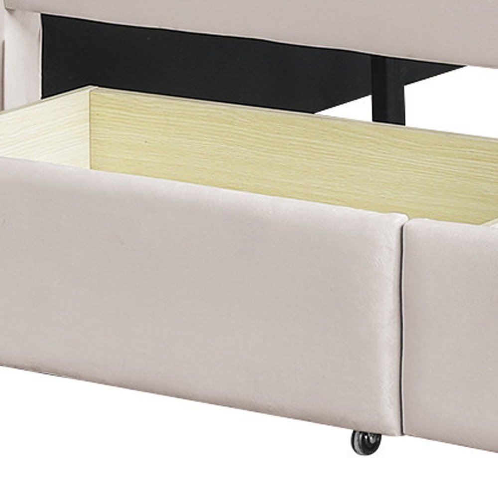Beige Upholstered Twin Bed Frame With Drawers