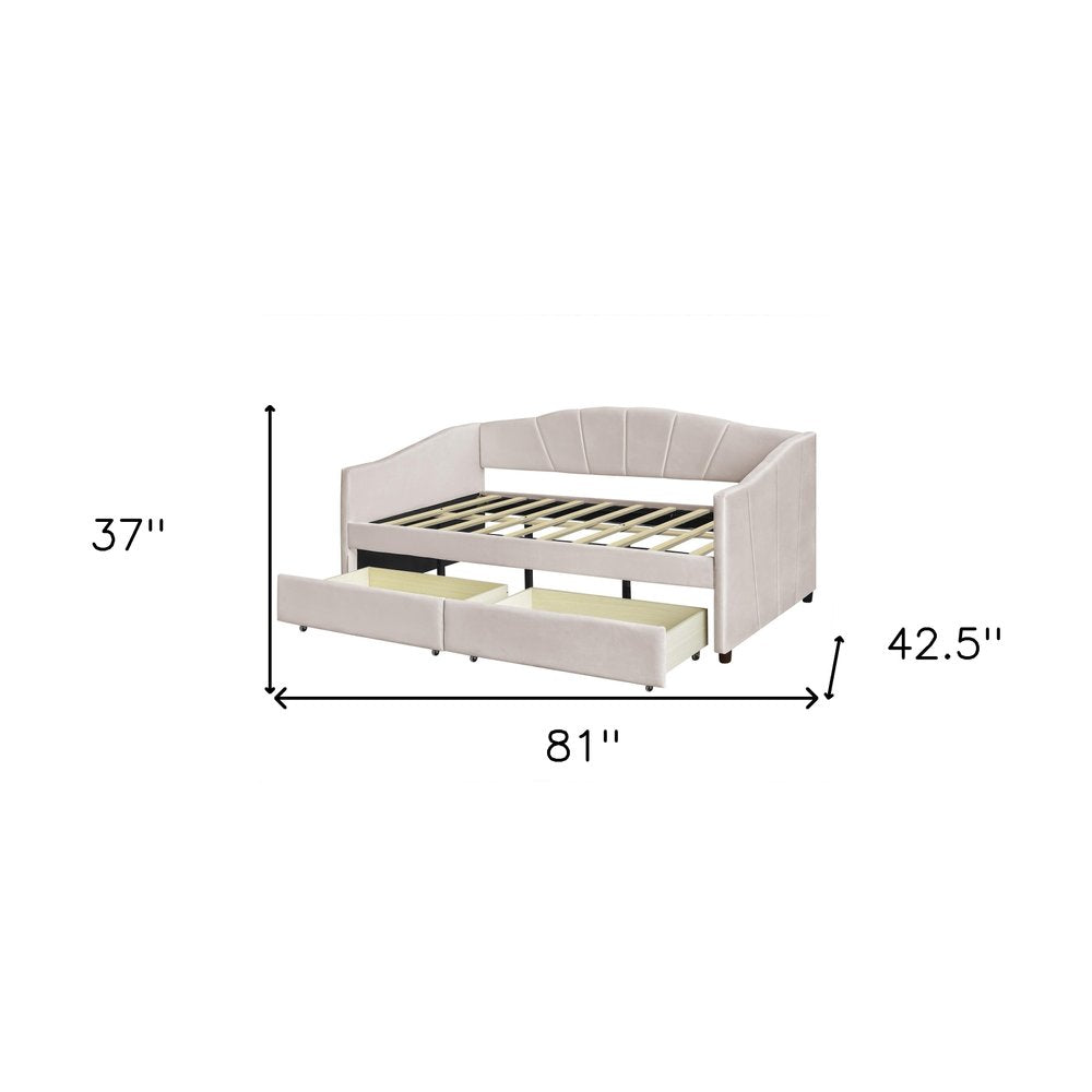 Beige Upholstered Twin Bed Frame With Drawers
