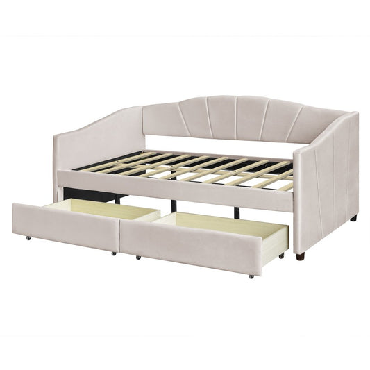 Beige Upholstered Twin Bed Frame With Drawers