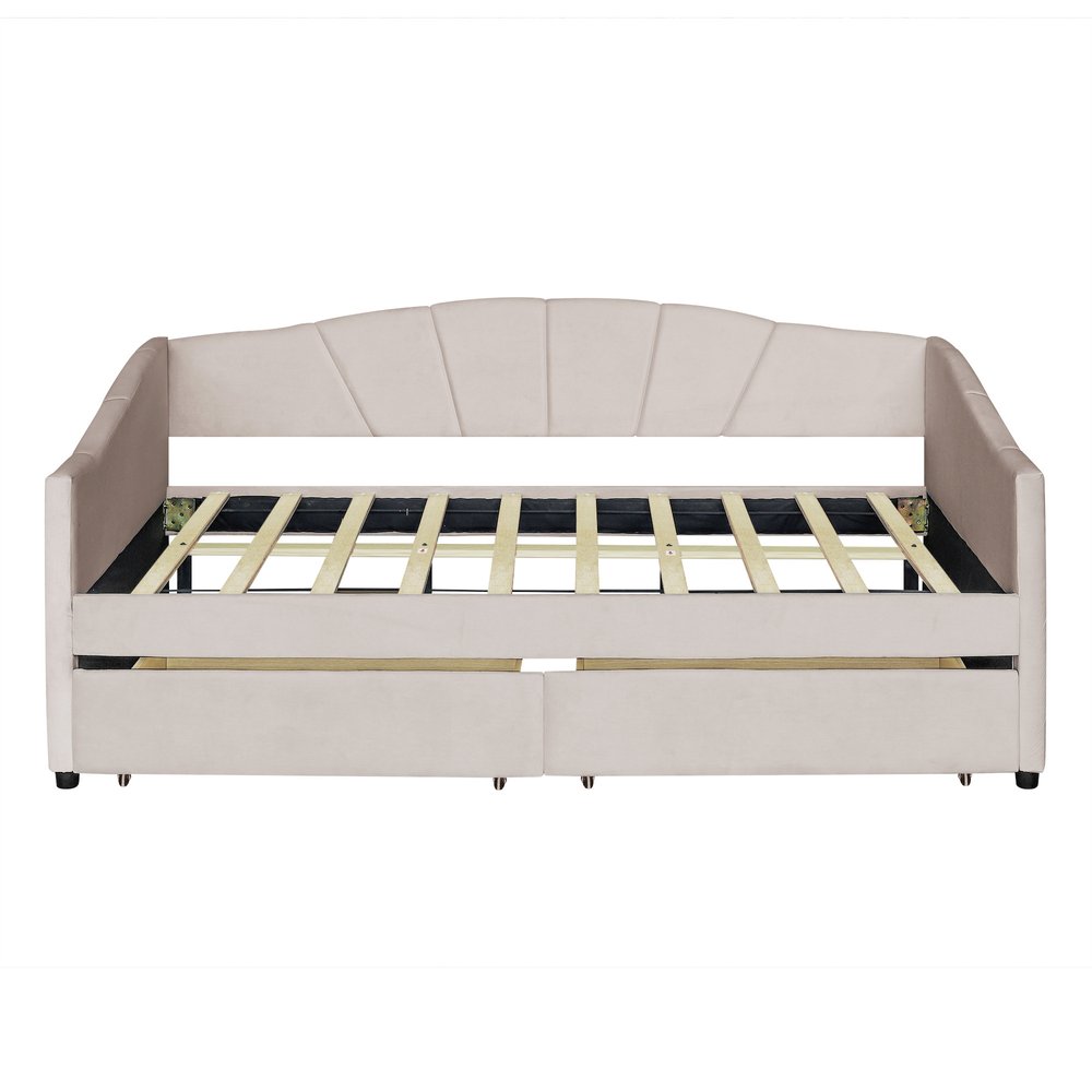 Beige Upholstered Twin Bed Frame With Drawers