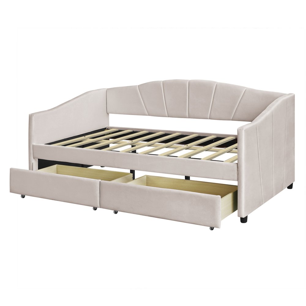 Beige Upholstered Twin Bed Frame With Drawers