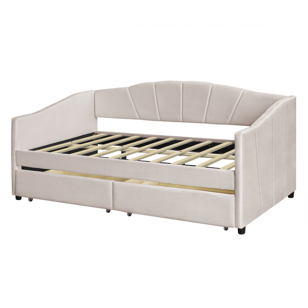 Beige Upholstered Twin Bed Frame With Drawers