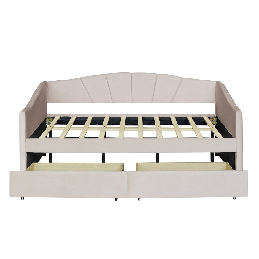 Beige Upholstered Twin Bed Frame With Drawers