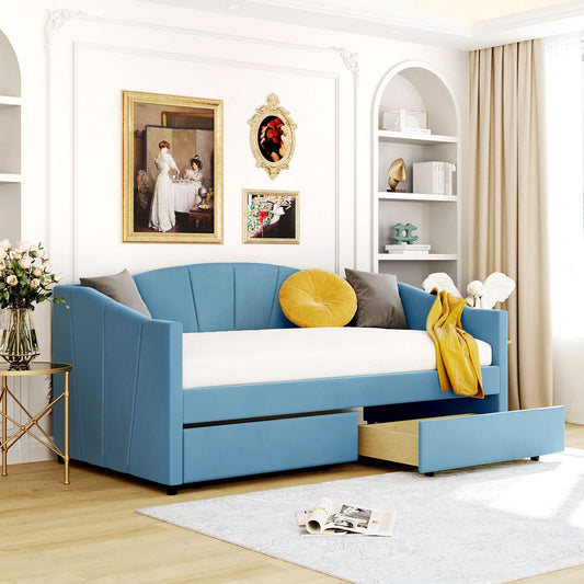 Blue Upholstered Twin Bed Frame With Drawers