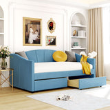 Blue Upholstered Twin Bed Frame With Drawers
