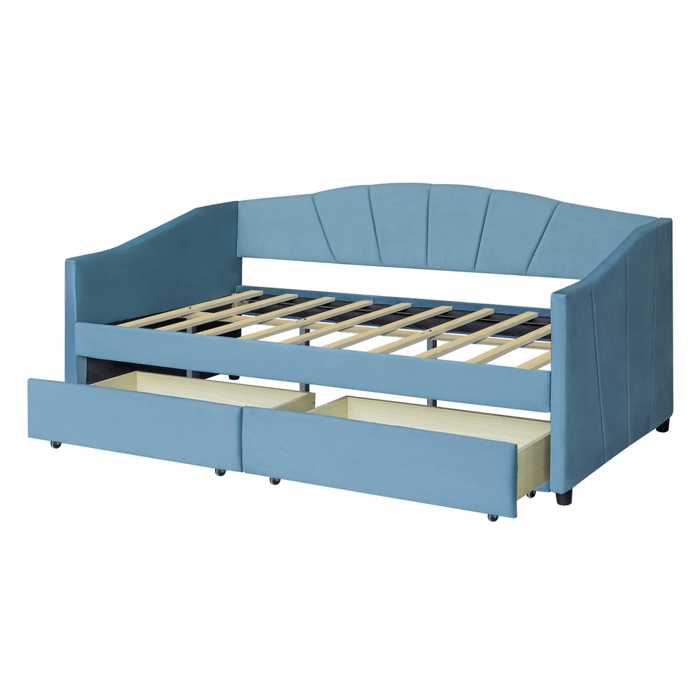 Blue Upholstered Twin Bed Frame With Drawers