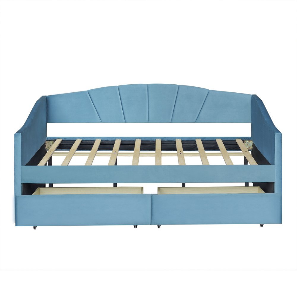 Blue Upholstered Twin Bed Frame With Drawers