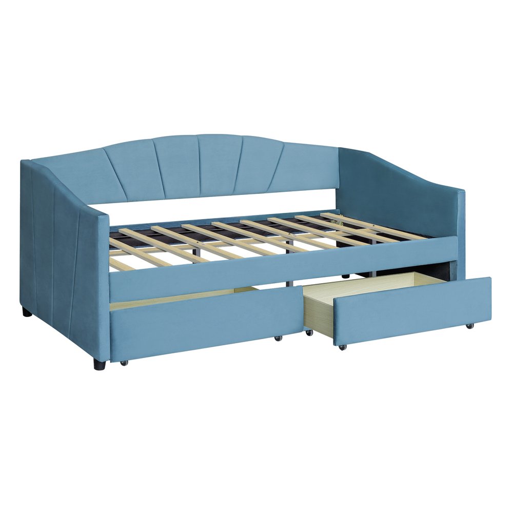 Blue Upholstered Twin Bed Frame With Drawers
