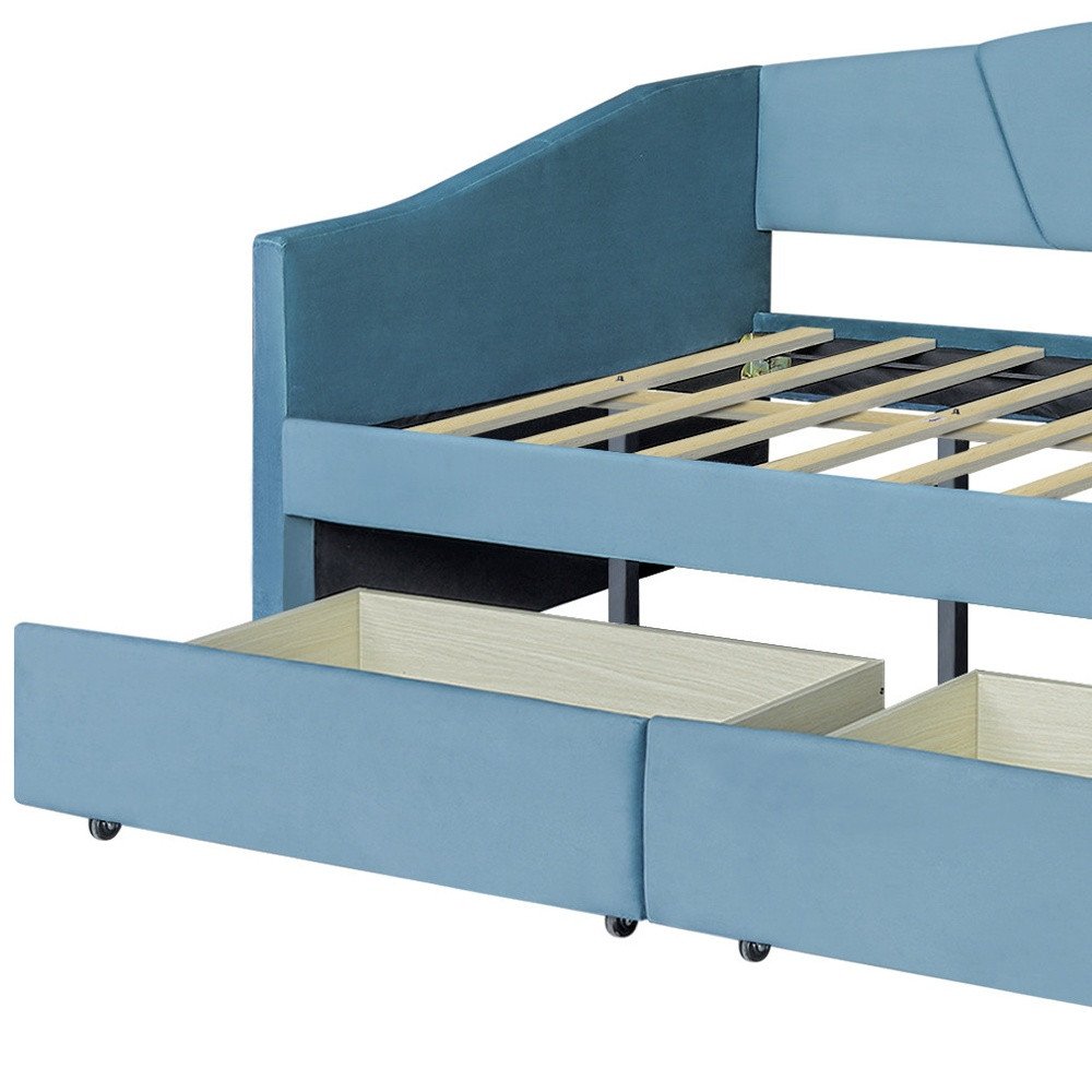 Blue Upholstered Twin Bed Frame With Drawers