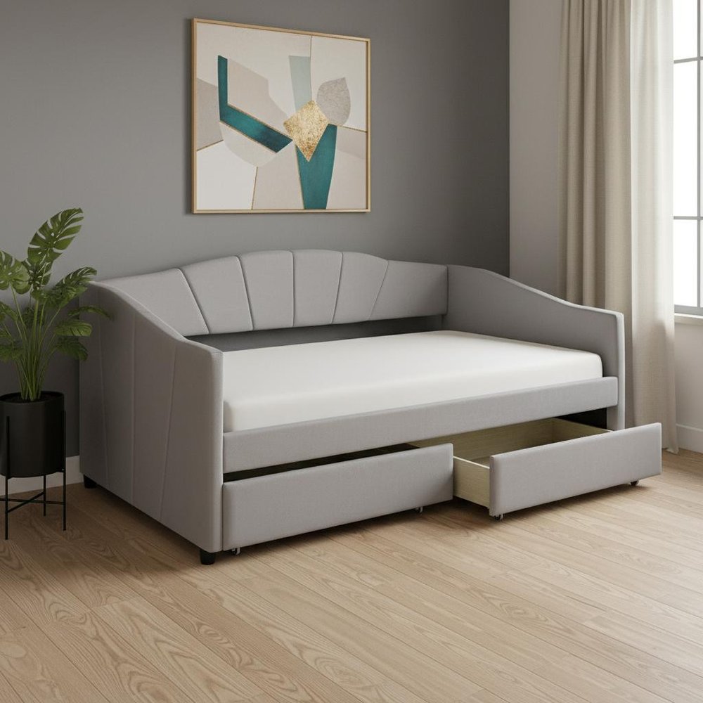 Gray Upholstered Twin Bed Frame With Drawers