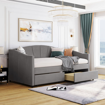 Gray Upholstered Twin Bed Frame With Drawers