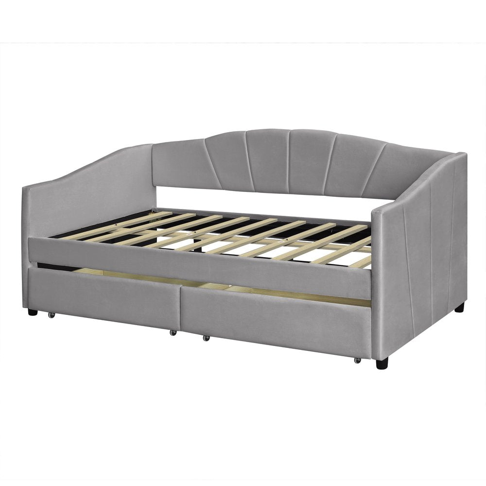 Gray Upholstered Twin Bed Frame With Drawers
