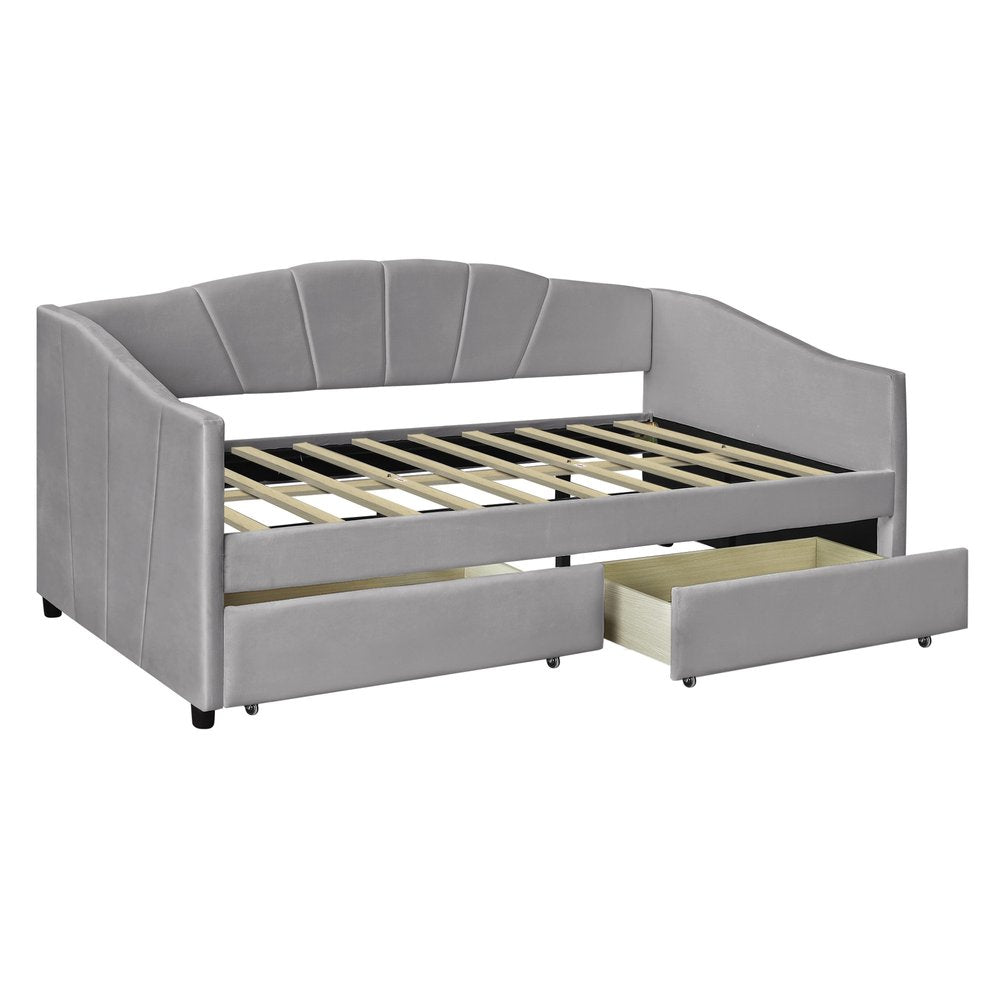 Gray Upholstered Twin Bed Frame With Drawers
