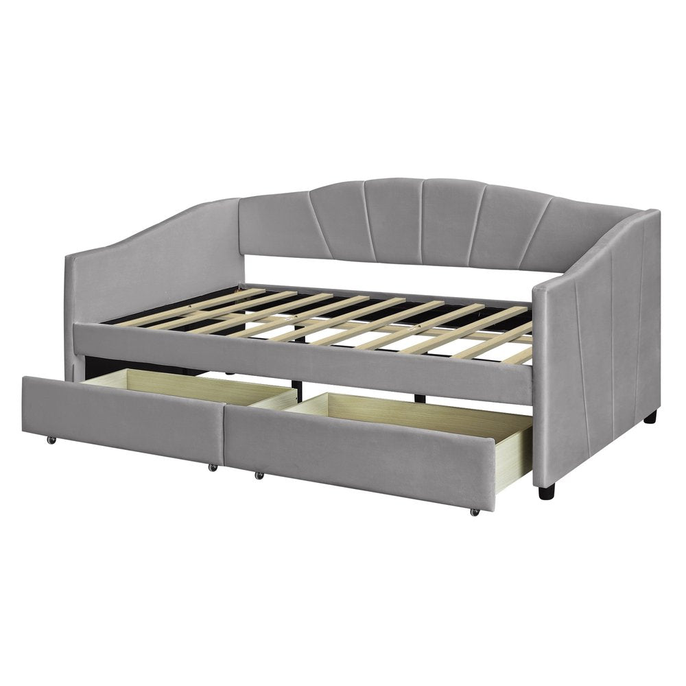 Gray Upholstered Twin Bed Frame With Drawers