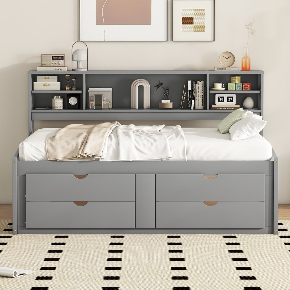 Gray Wood Full Bed Frame With Drawers
