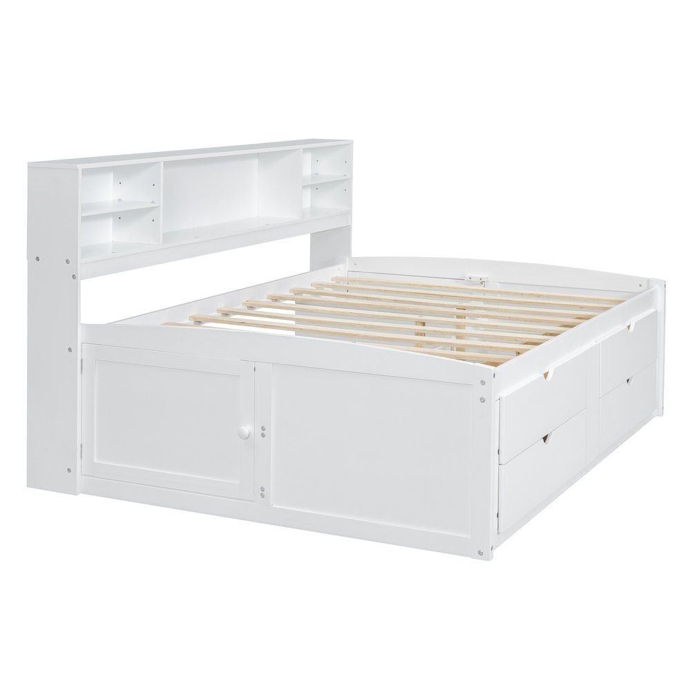 White Wood Full Bed Frame With Drawers