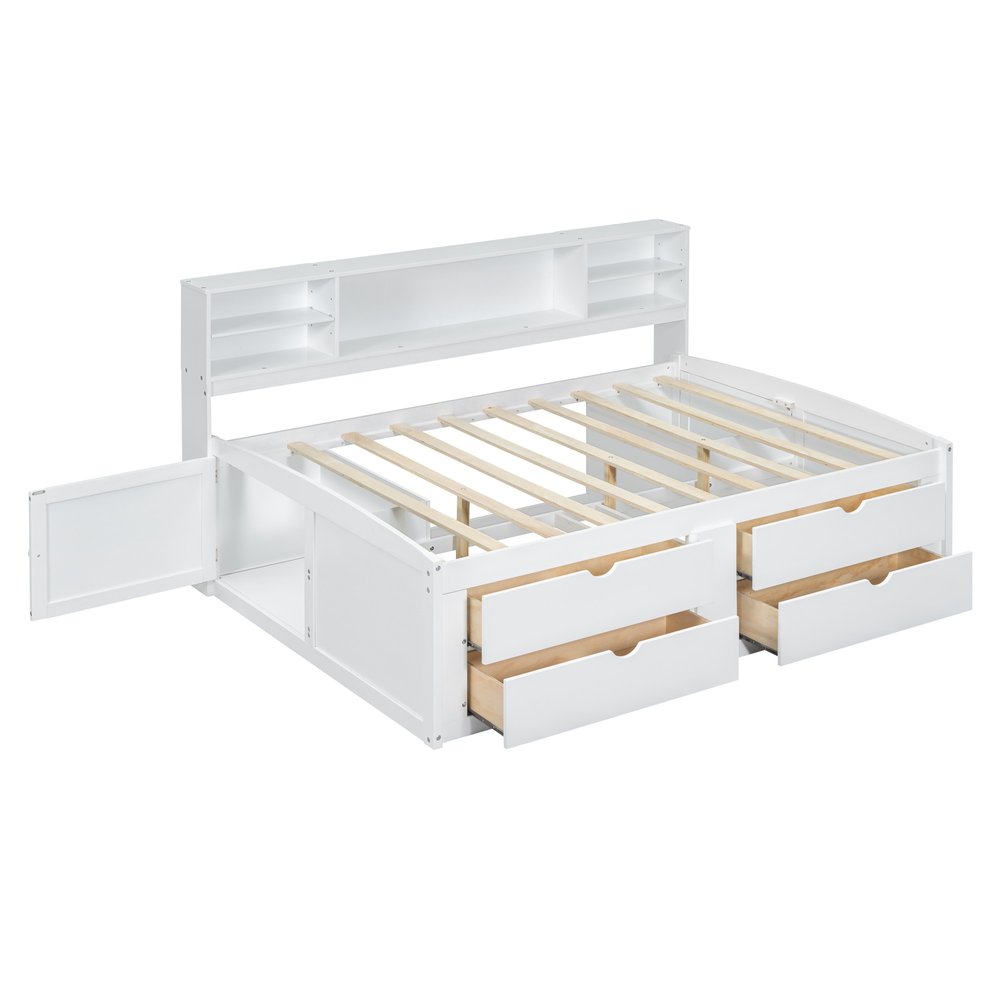 White Wood Full Bed Frame With Drawers