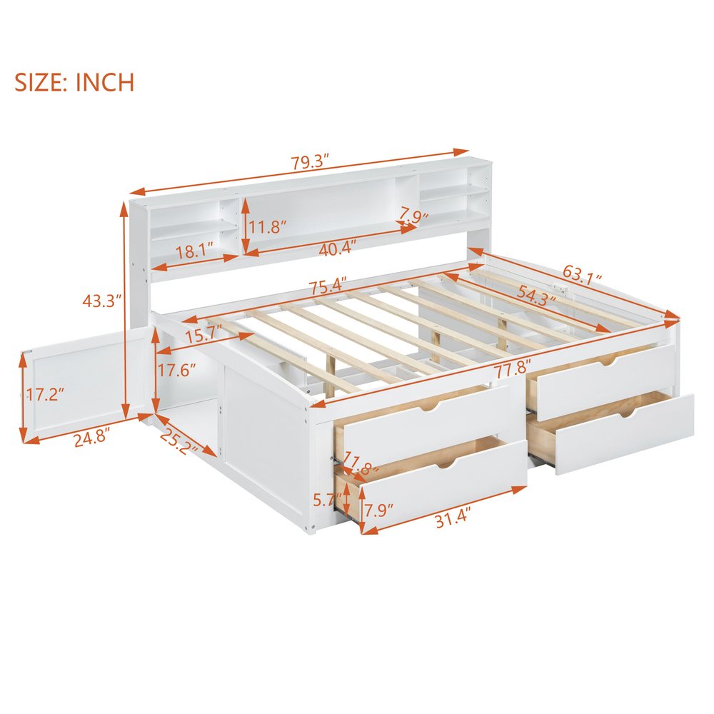 White Wood Full Bed Frame With Drawers